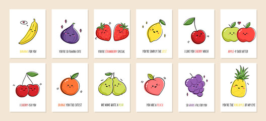 Set of greeting cards Punny fruits with cute fruits and funny phrases. Collection of postcards with kawaii fruits and puns. Vector cartoon illustration