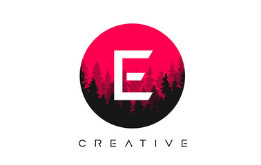 E Letter Logo Design with Pine Forest Vector Shapes and Red Circular shape Color