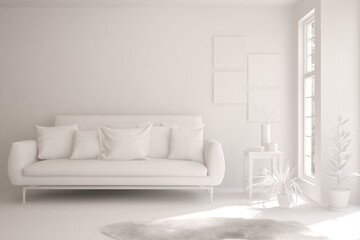 White minimalist living room with sofa. Scandinavian interior design. 3D illustration