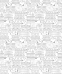 Cityscape, houses, buildings, street with pedestrians, traffic. Seamless background pattern
