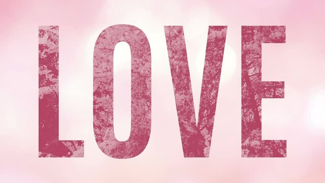 Dark pink word Love animated showing rotating flowering bushes, over a soft pink and bright background with bokeh glittering lights sliding. Sequence looped seamless, for e-card, celebration, invitati