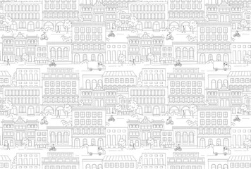 Cityscape, houses, buildings, street with pedestrians, traffic. Seamless background pattern