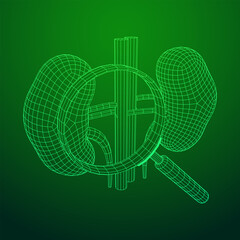 Kidneys human anatomy internal organ with magnifying glass. Medicine science technology concept. Wireframe low poly mesh vector illustration