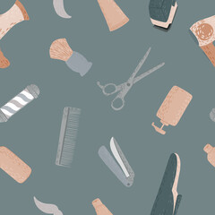 Seamless pattern hairdressing in doodle on gray background.