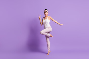 Full length body size photo of girl woke up in the morning showing v-sign gesture isolated pastel violet color background