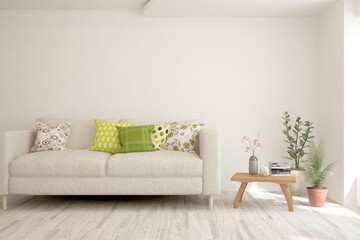 White living room with sofa. Scandinavian interior design. 3D illustration