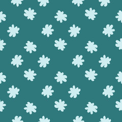Fototapeta na wymiar Simple style seamless doodle pattern with blue light flower bud silhouettes. Turquoise dark background.