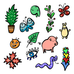 Hand Drawn Sketch Art Set of Funny Colorful Cartoon Doodle. Animals, Plants, Symbols. Illustrations on White Backdrop for Creative Designs