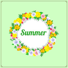 Summer greeting card and design elements. Spring sale logos. Lettering summer season with beautuful flowers.