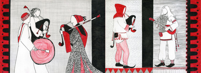 Medieval music hand drawn illustration. Historical dressed musicians are playing on folk traditional instruments bagpipes and drum. Absract pattern medieval renaissance illustration in black red white