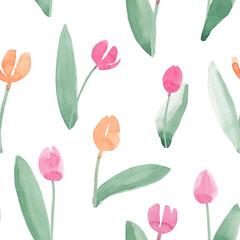 Simple tulips pattern, abstract watercolor free-hand illustration for postcard, invitation, banner