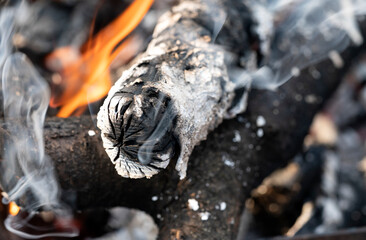 Firewood and flames of fire close up.