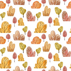 Seamless pattern with watercolor bushes and trees. Forest theme wallpaper