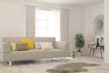 White living room with sofa. Scandinavian interior design. 3D illustration