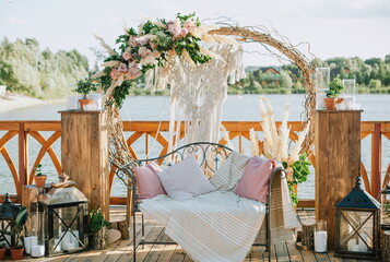 wedding decor flowers venue ceremony outside riverbank
