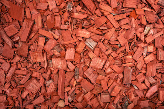 Colored Wood Chips For Landscape Design. Red Mulch, View From Above. Decorative Red Woodchip Is A Safe Material For Mulching Soil From Environmentally Friendly Wood..