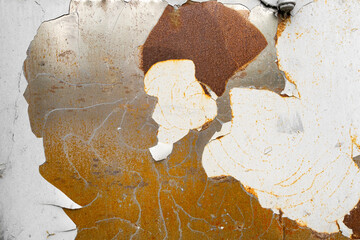 white paint flew off a rusty metal surface. rust on old wall background.