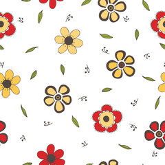 Seamless pattern with multicolored hand drawn flowers on white background. For wallpaper, decoration, invitation, fabric, textile and linen, web page background, gift and wrapping paper, greeting card