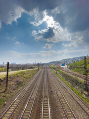 Obraz na płótnie Canvas Railway track heading to Bratislava capital city of Slovakia.