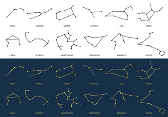 Hand drawn set of black and golden constellations celestial space vector set. Zodiac horoscope symbols, stars astrology, astrology signs, icons. Magic space galaxy collection sketch illustration