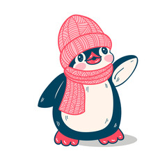 Winter illustration. Funny cartoon penguin  isolated on a white background