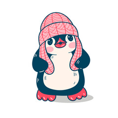 Winter illustration. Funny cartoon penguin  isolated on a white background