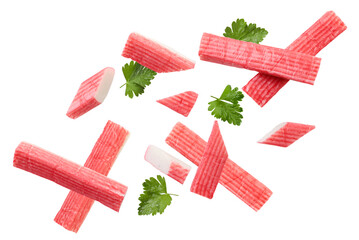 Crab sticks and parsley fly on a white background. Isolated © innafoto2017