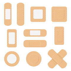 Medical plaster. Medical plasters isolated on white background. Healthcare element, plaster tape protection in different shapes. Cartoon flat style