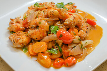 Marinated organic shrimp scampi dish 
