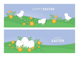 Easter holidays banner, set, cute baby chicks on meadow, easter egg hunt game, blue sky, green grass , happy animals on farm