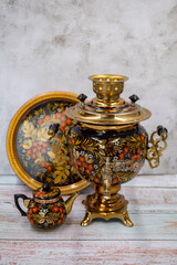 Fototapeta na wymiar Russian electric samovar with a pot for brewing tea