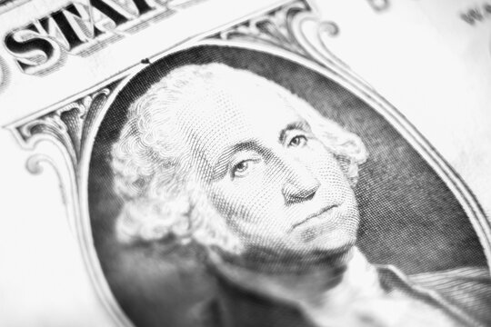 Close up portrait of George Washington on one Dollar bill. Black and white image.