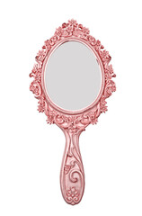 Vintage pink hand mirror isolated on white