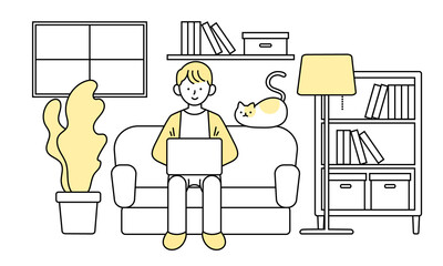 自宅のリビングで猫とリモートワークする男性のイラスト