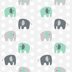 Cute seamless pattern in pastel colors with polka dot background and cartoon colorful elephants. Perfect for scrapbook, wrap, toy design, kids cloth, apparel. Vector