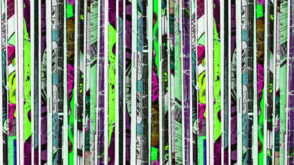 Old pile of vintage comic books creates colorful background pattern of green shapes and lines