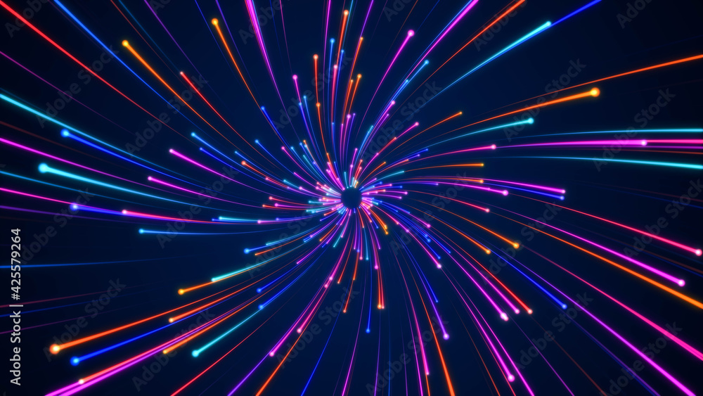 Poster futuristic fast moving blue particle light ray, digital dynamic hyperspace technology motion backgro