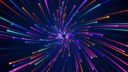Futuristic fast moving blue particle light ray, digital dynamic hyperspace technology motion background, galaxy speed warp tunnel - obrazy, fototapety, plakaty