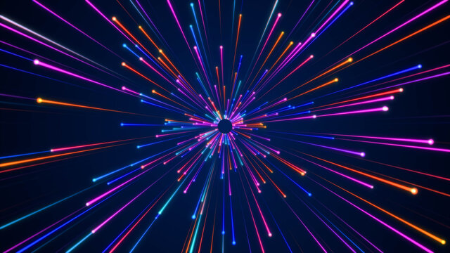 Futuristic fast moving blue particle light ray, digital dynamic hyperspace technology motion background, galaxy speed warp tunnel