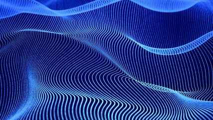 Naklejka na ściany i meble Abstract blue hologram energy line grid wave flowing in cyberspace, Sci-fi digital art geometric particle light surface futuristic technology background, 3d rendering illustration
