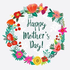 Vector floral vintage wreath made of lovely colorful flowers and leaves Happy Mother’s Day. Vector Vintage Happy Mother’s Day greeting card.
