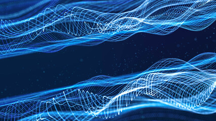 Dynamic circle grid particle wave flowing in blue cyberspace, abstract beautiful futuristic data technology motion background