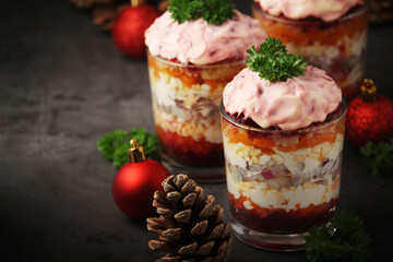 Dressed herring or herring under fur - traditional Russian salad