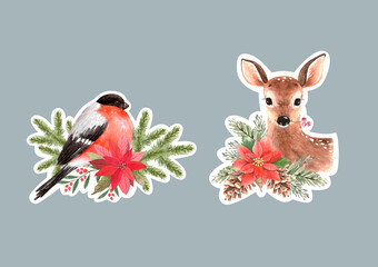 Fototapeta premium Set of watercolor Christmas illustrations with deer and bullfinch bird. hand painted stickers for new year holidays greeting cards and decor