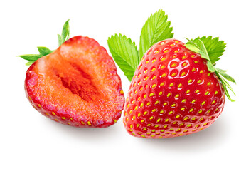Whole and half, cut strawberries with strawberry leaf isolated on white background
