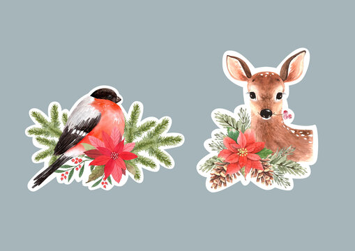 Set of watercolor Christmas illustrations with deer and bullfinch bird. hand painted stickers for new year holidays greeting cards and decor