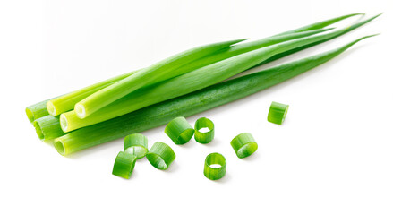Green onions chopped group isolated on white background