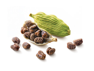 Cardamom pods and seeds isolated on white background
