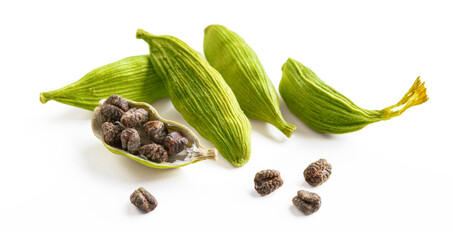 Cardamom pods and seeds isolated on white background
