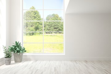 White empty room with summer landscape in window. Scandinavian interior design. 3D illustration
